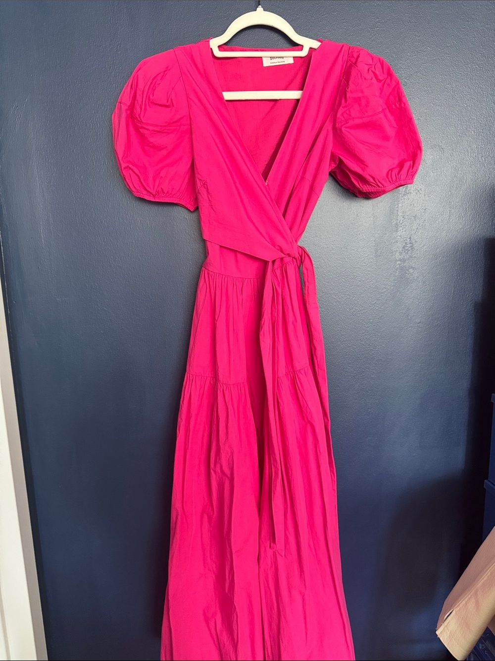 Bright Pink Wrap Maxi Dress with Puff Sleeves